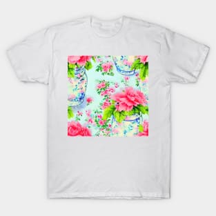 Peonies in Sevre vase shabby chic watercolor seamless pattern T-Shirt